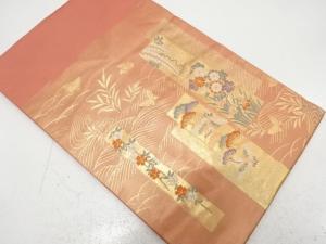 未使用品　短冊に鶴・草花模様織り出し　名古屋帯